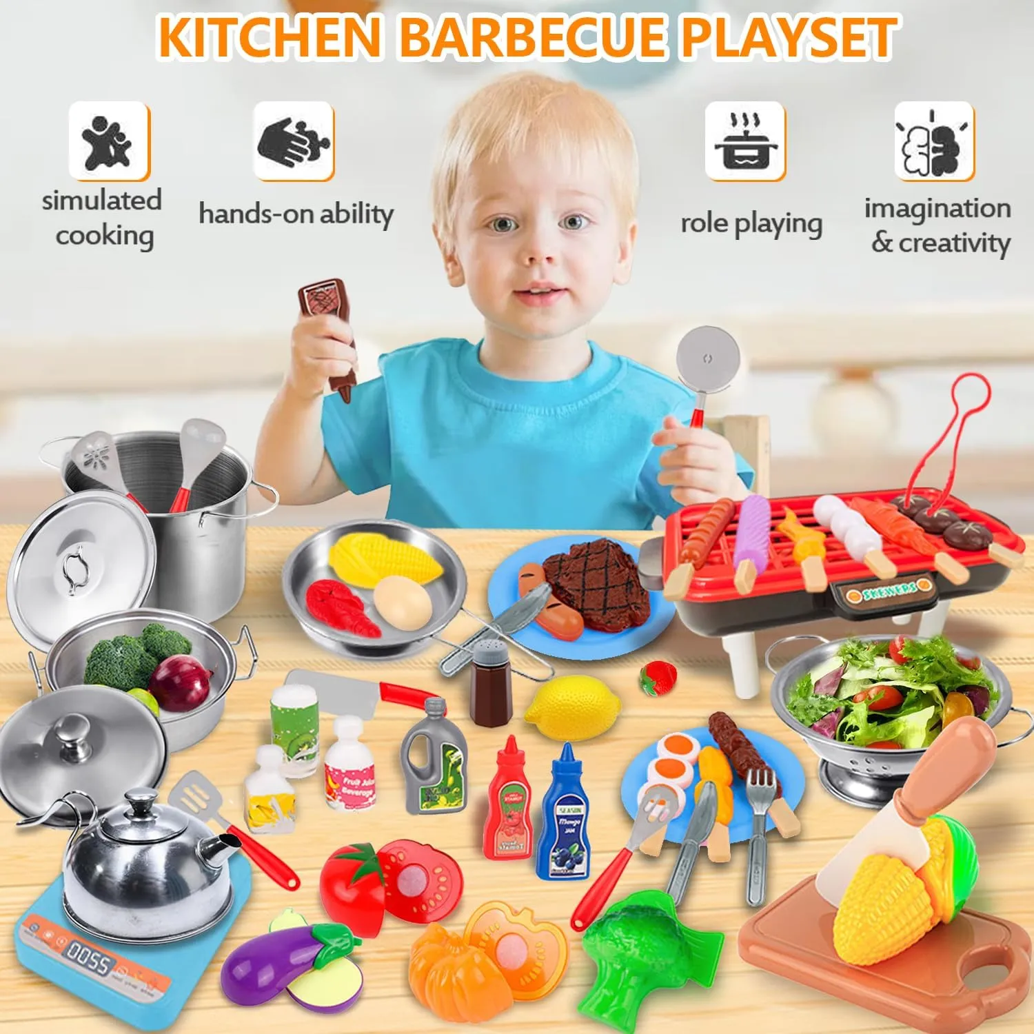 Barbecue Kitchen Cooking Toy Set - Kids BBQ Grill Playset Mini Cooking Toys Set Play Kitchen Accessories with Stainless Steel Pots and Pans Set Cuttable Food Accessories for Girls Boys Toddler(52PCS)