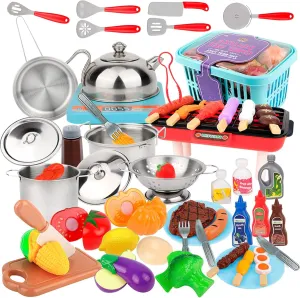 Barbecue Kitchen Cooking Toy Set - Kids BBQ Grill Playset Mini Cooking Toys Set Play Kitchen Accessories with Stainless Steel Pots and Pans Set Cuttable Food Accessories for Girls Boys Toddler(52PCS)