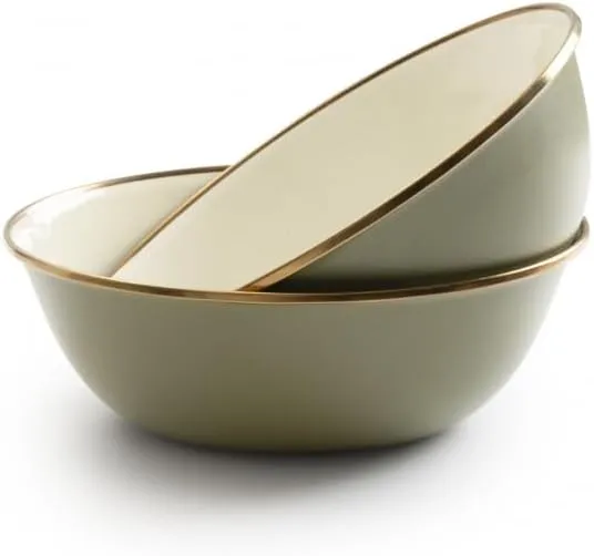 Barebones 2-Tone Bowls - Set of 2 Enamelware Bowls - Durable Kitchen or Camping Bowl (Olive Drab)