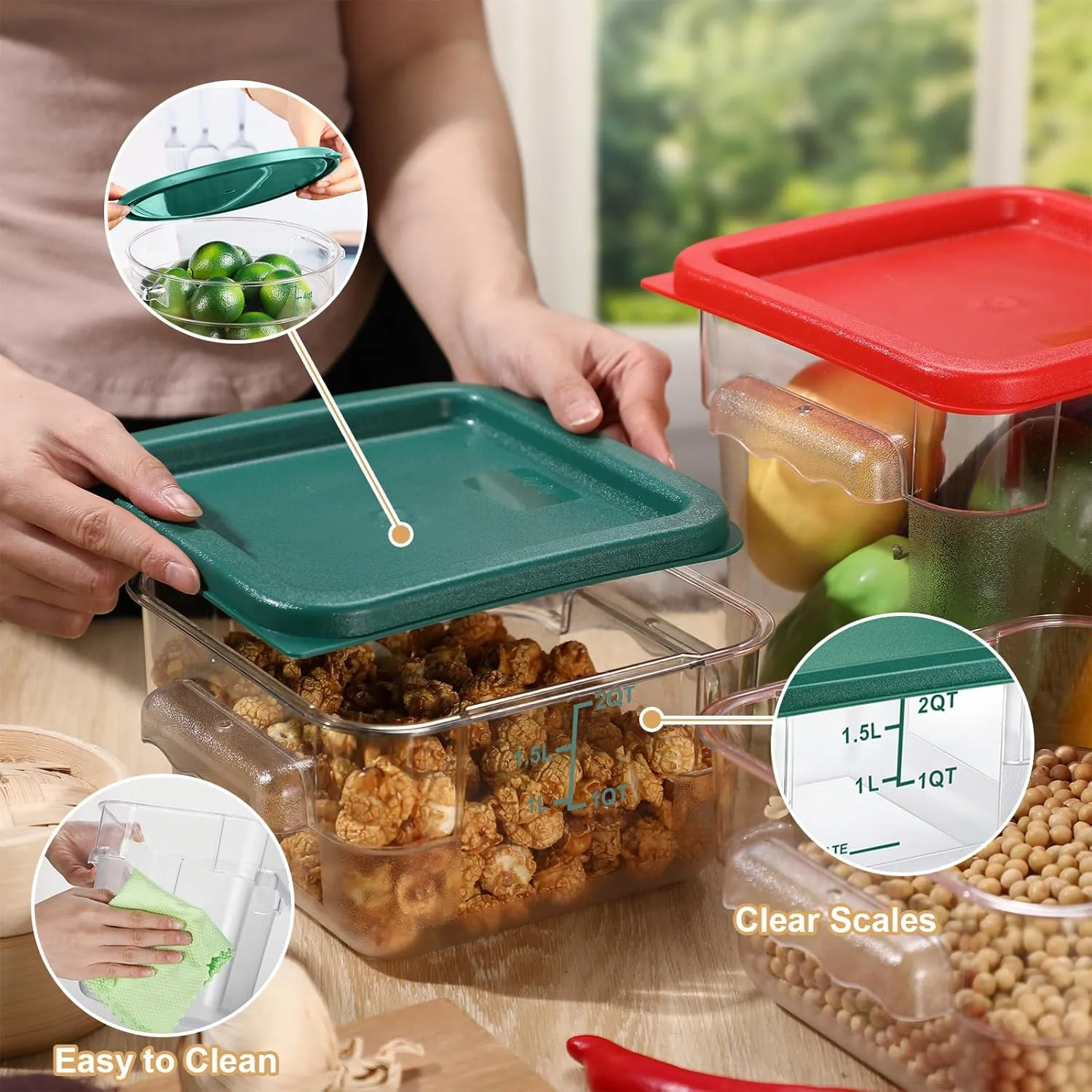Barydat 4 Pcs Food Storage Container with Lids Set 2qt and 4qt Square Clear Commercial Containers with Scales Handles for Home Restaurant Kitchen Food Storage, Proof Dough, Marinating Meat (Red Green)