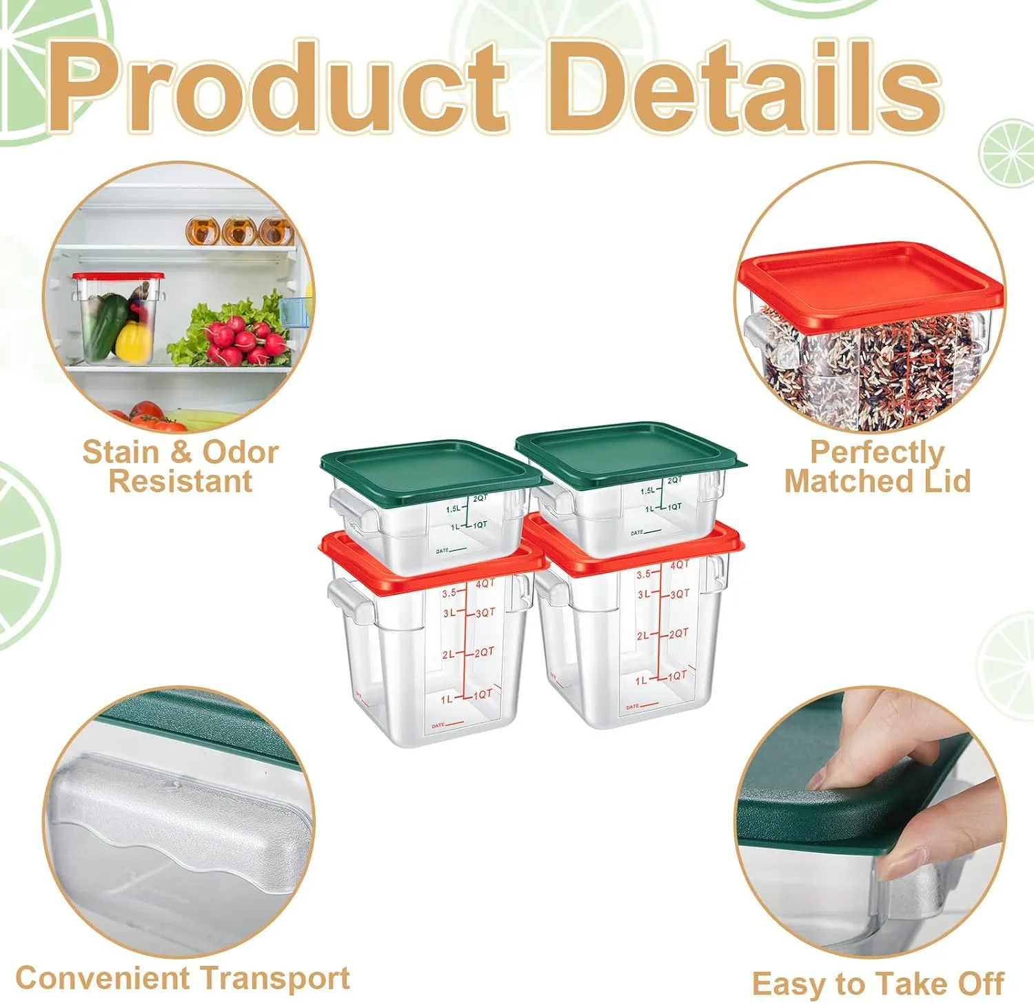 Barydat 4 Pcs Food Storage Container with Lids Set 2qt and 4qt Square Clear Commercial Containers with Scales Handles for Home Restaurant Kitchen Food Storage, Proof Dough, Marinating Meat (Red Green)