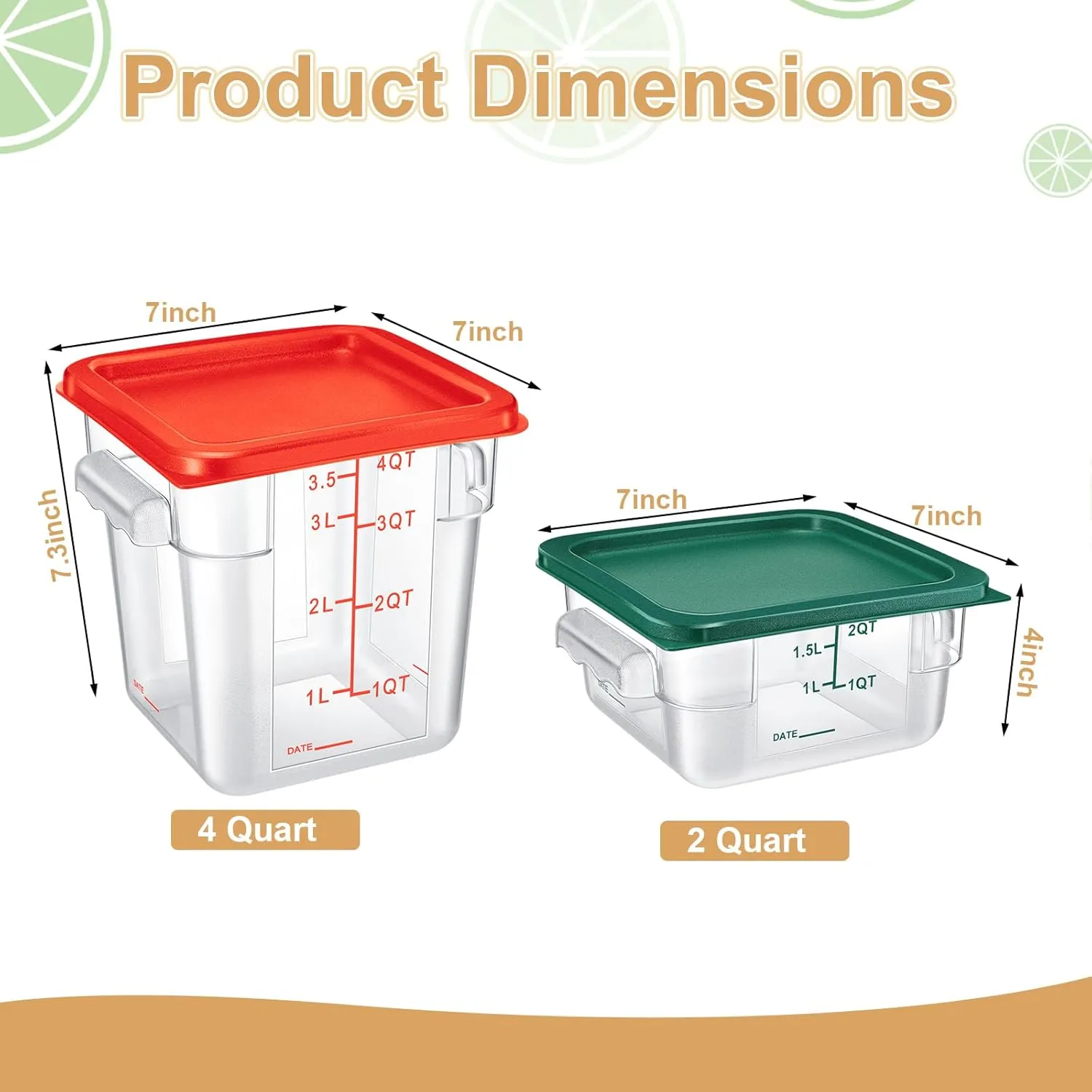 Barydat 4 Pcs Food Storage Container with Lids Set 2qt and 4qt Square Clear Commercial Containers with Scales Handles for Home Restaurant Kitchen Food Storage, Proof Dough, Marinating Meat (Red Green)