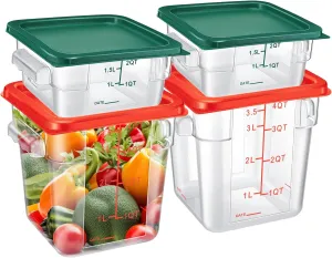 Barydat 4 Pcs Food Storage Container with Lids Set 2qt and 4qt Square Clear Commercial Containers with Scales Handles for Home Restaurant Kitchen Food Storage, Proof Dough, Marinating Meat (Red Green)