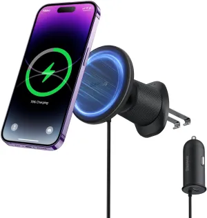 Baseus [All in One] MagSafe Car Mount, 15W Fast Charging Phone Mount for Vent, Magnetic Wireless Charger With 40W USB A Charger and Cable for iPhone 15 14 13 12 Pro Max Plus