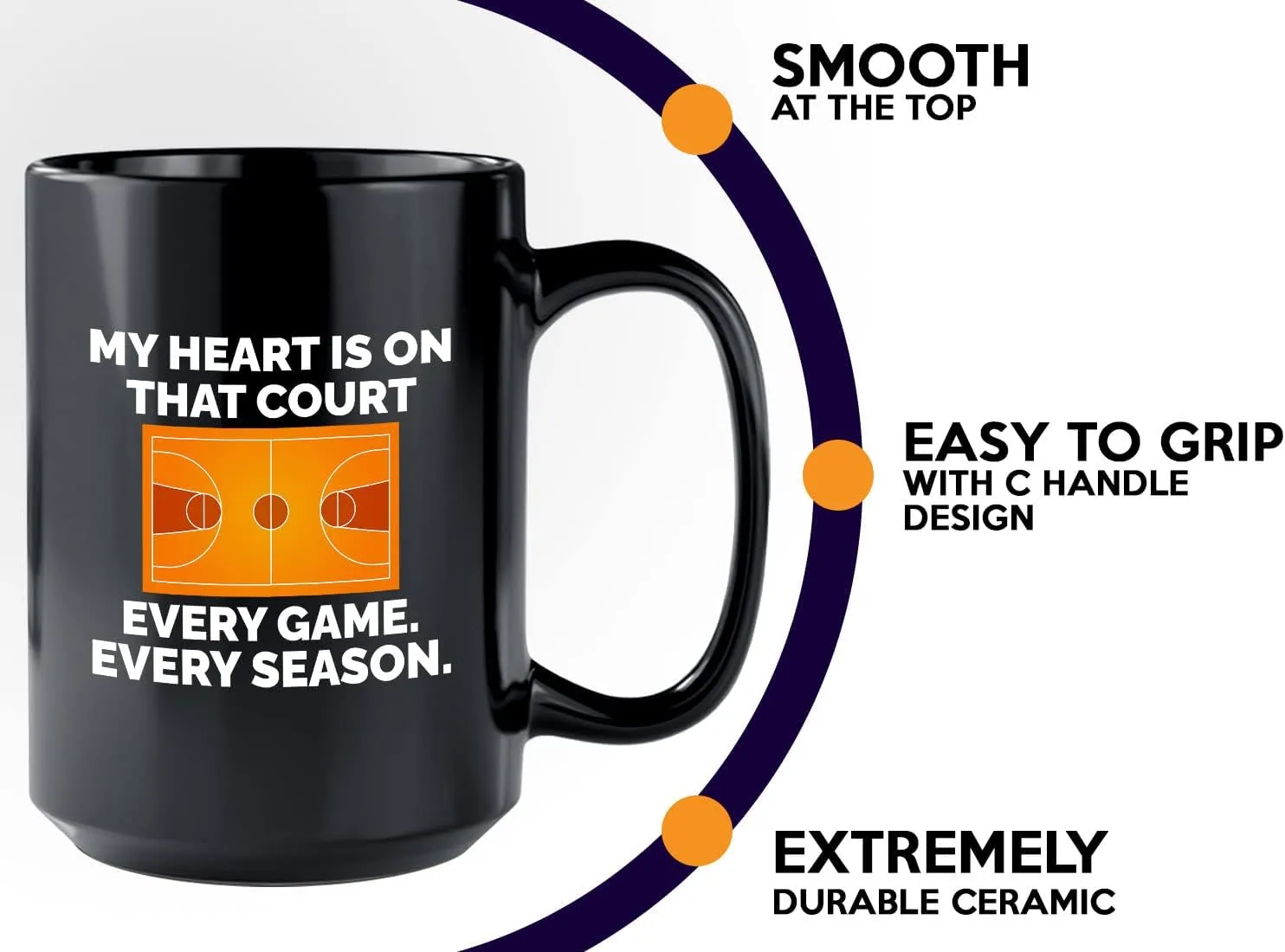 Basketball Lover Coffee Mug 15oz Black - My heart is on that court - Playmaker Center Point Guard Teammate Ballin Basketball Player Athlete
