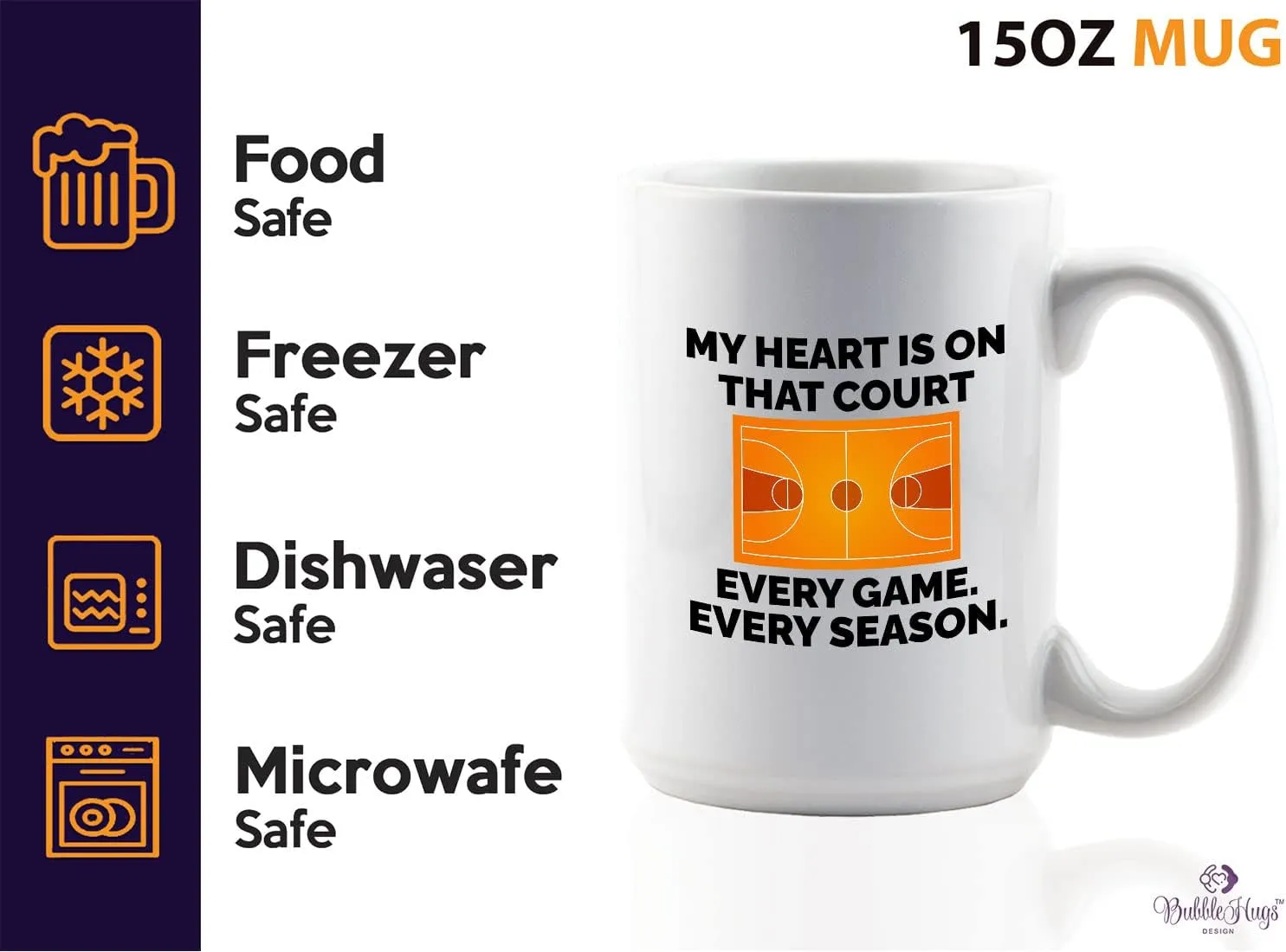Basketball Lover Coffee Mug 15oz White - My heart is on that court - Playmaker Center Point Guard Teammate Ballin Basketball Player Athlete