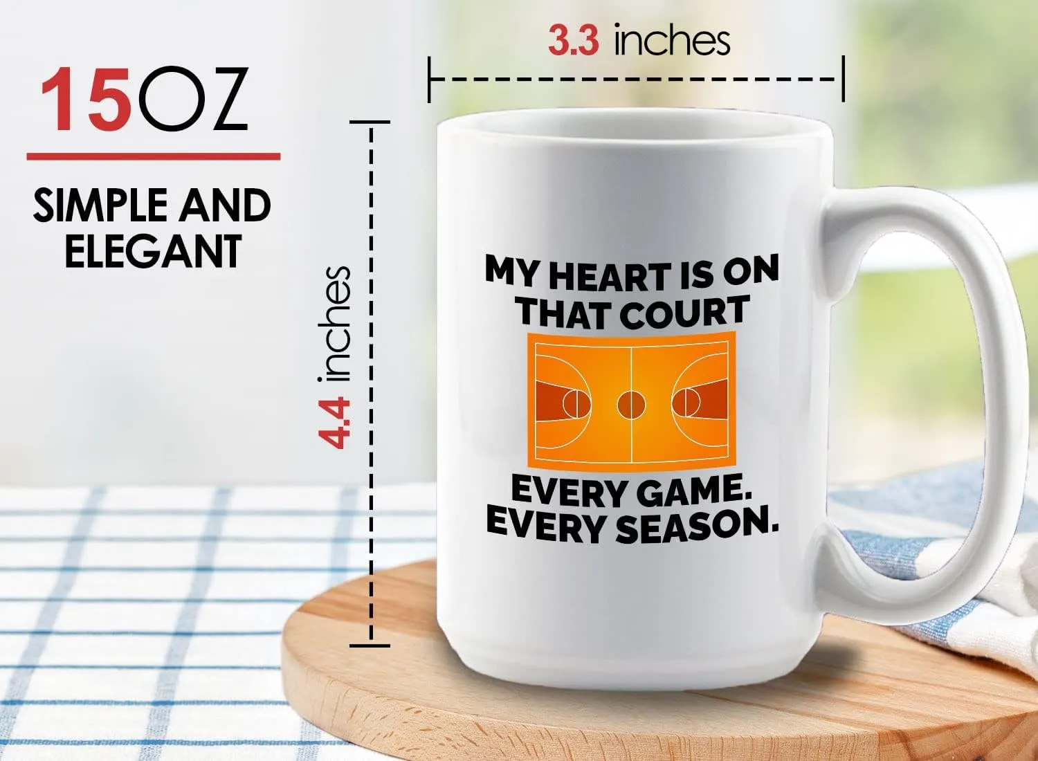 Basketball Lover Coffee Mug 15oz White - My heart is on that court - Playmaker Center Point Guard Teammate Ballin Basketball Player Athlete