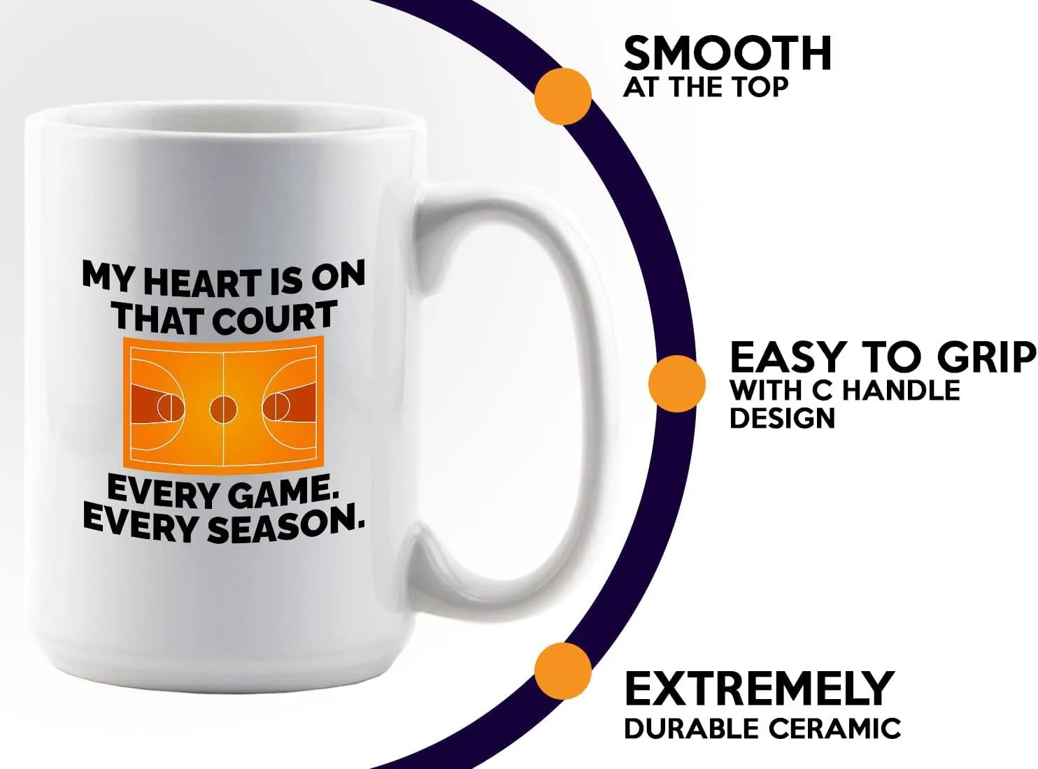 Basketball Lover Coffee Mug 15oz White - My heart is on that court - Playmaker Center Point Guard Teammate Ballin Basketball Player Athlete