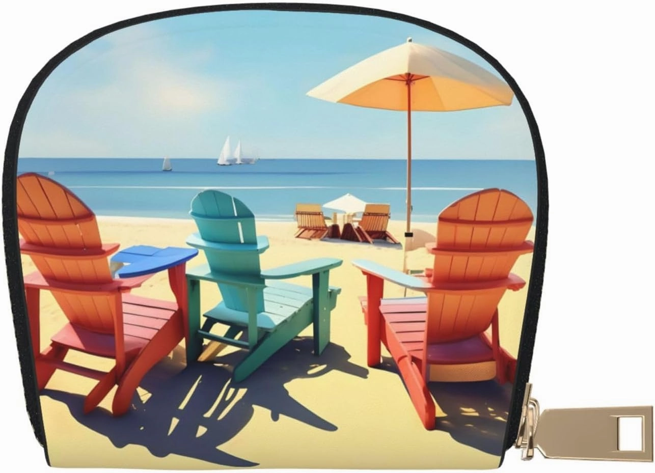 Beach Chairs and Scenery print Wallet Credit Cards Holder Business Card Case for Men Women Compact Size for Adults