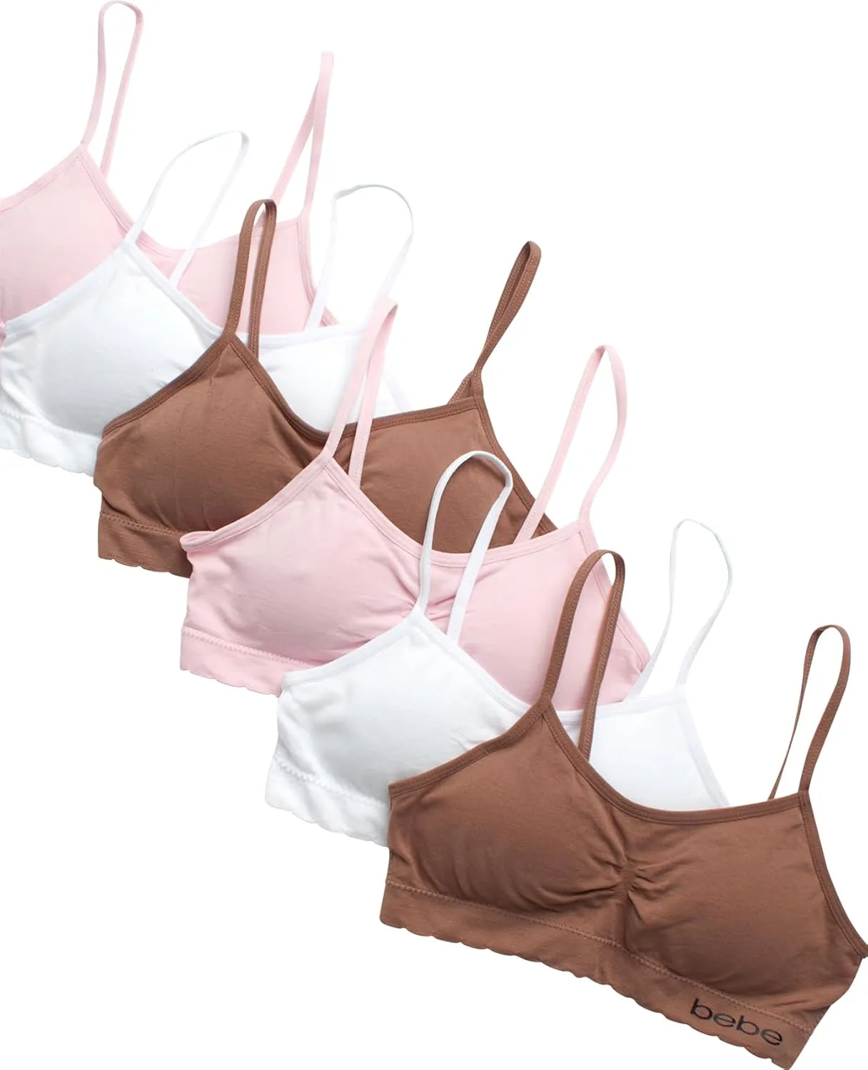 bebe Girls' Training Bra - 6 Pack Seamless Cami Bralette, Removable Pads (S-L)