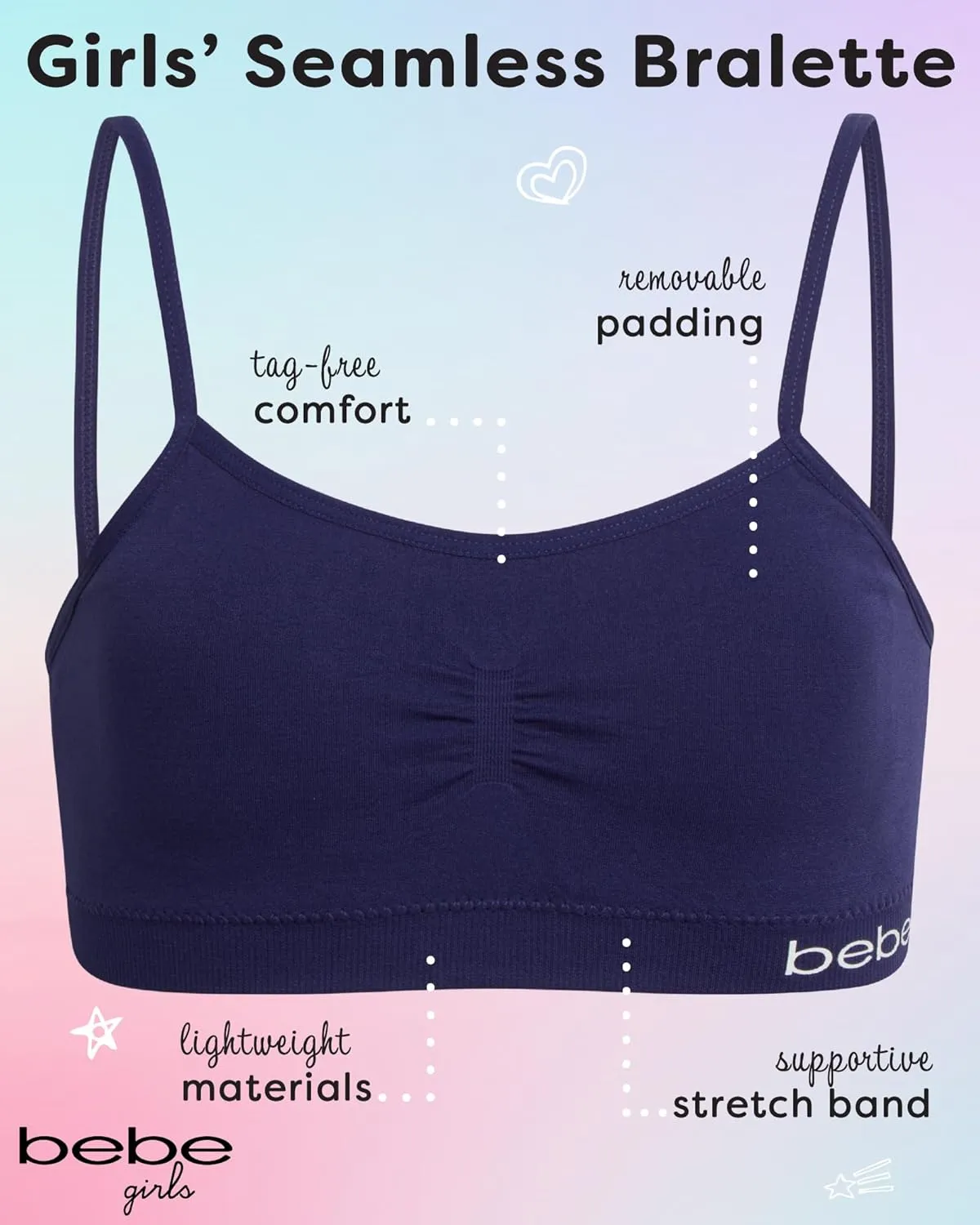 bebe Girls' Training Bra - 6 Pack Seamless Cami Bralette, Removable Pads (S-L)