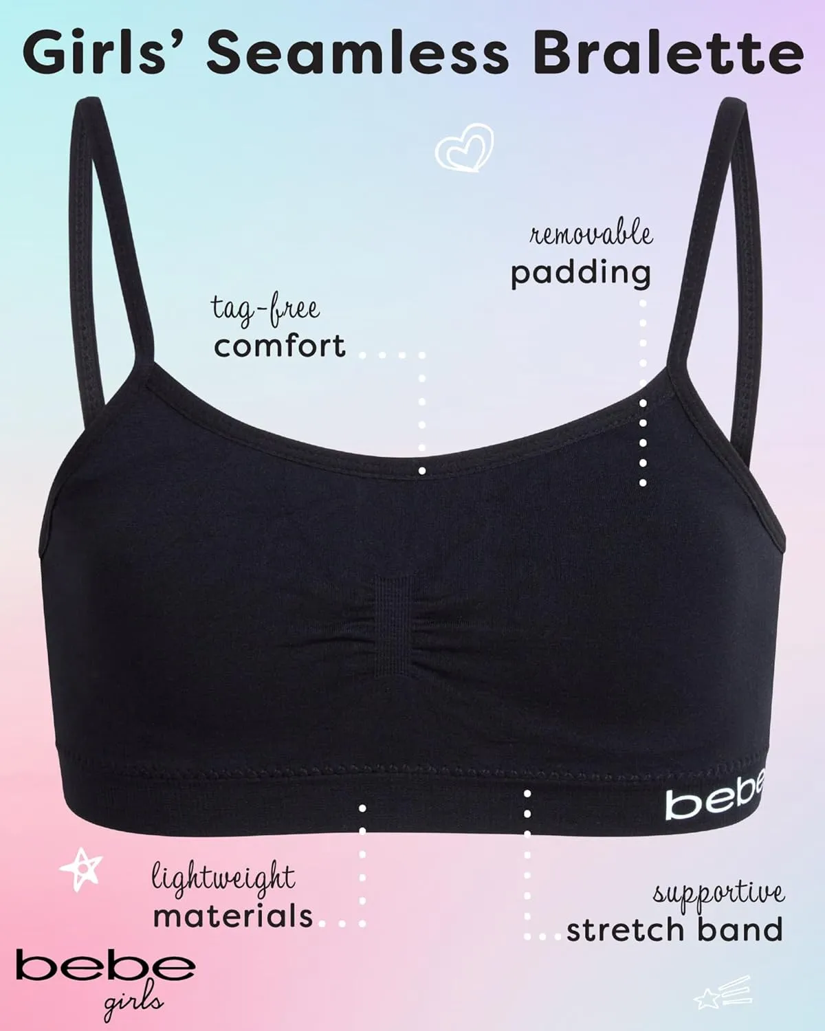 bebe Girls' Training Bra - 6 Pack Seamless Cami Bralette, Removable Pads (S-L)