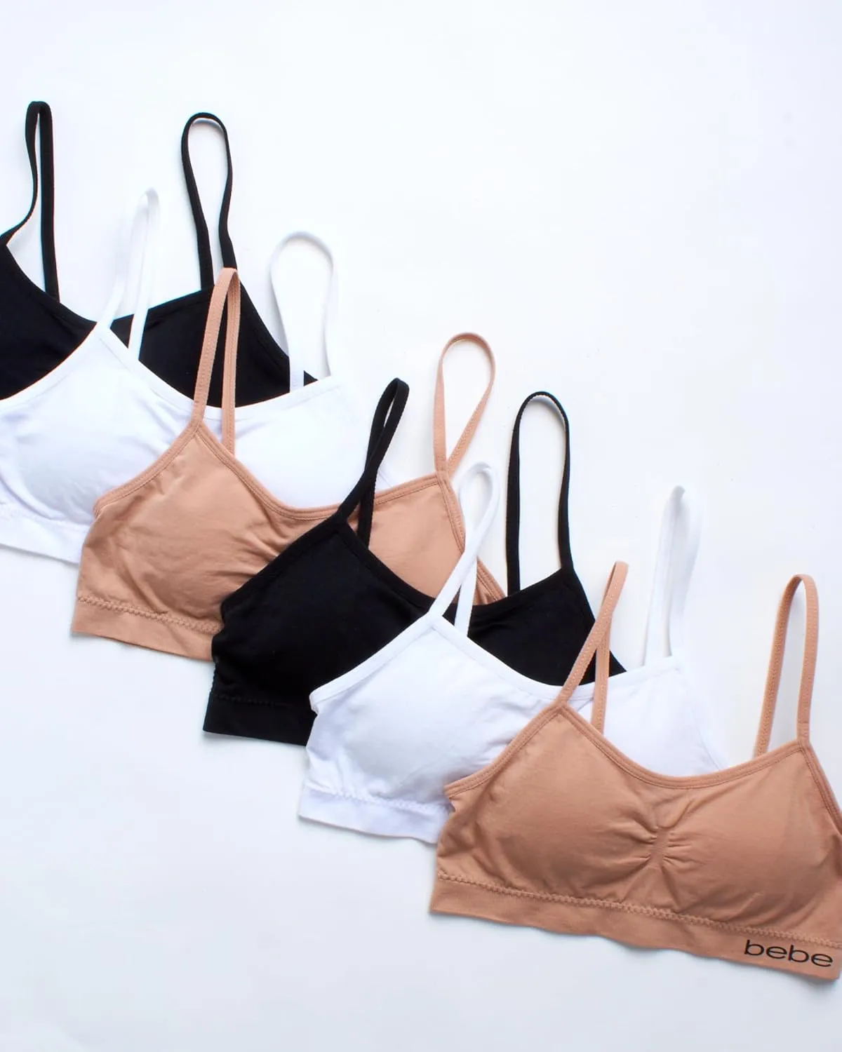 bebe Girls' Training Bra - 6 Pack Seamless Cami Bralette, Removable Pads (S-L)