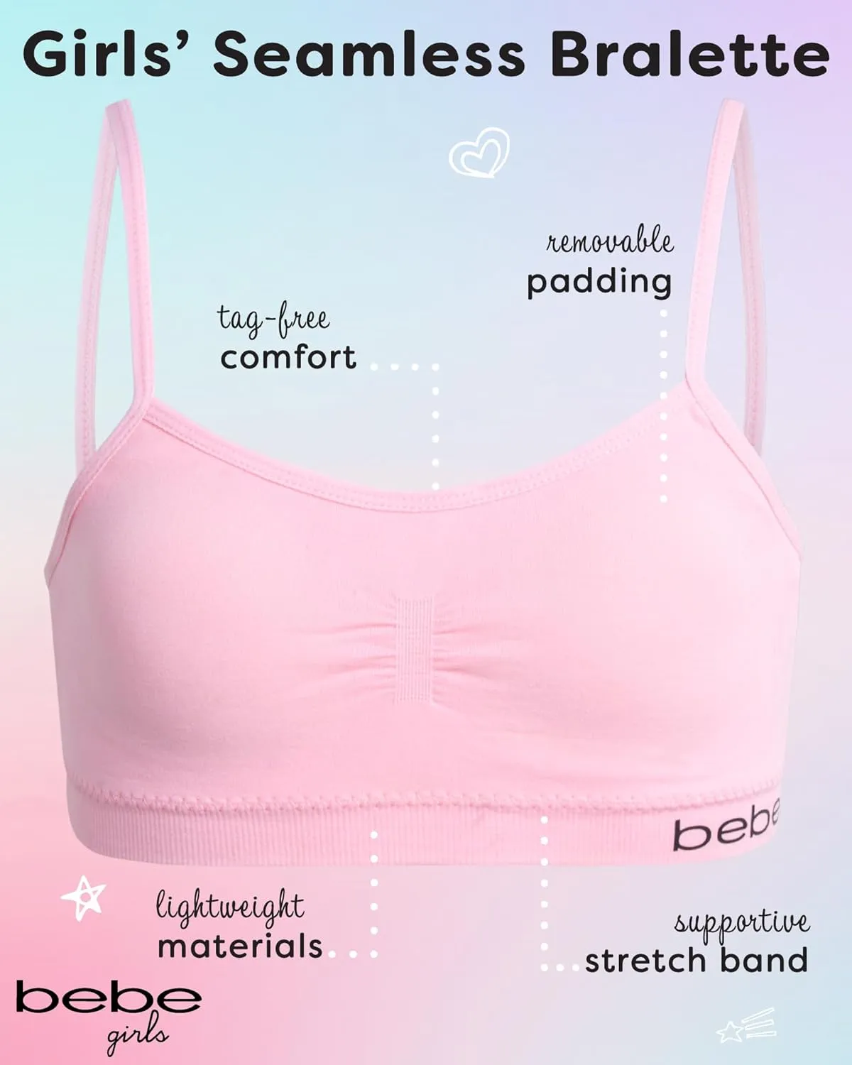 bebe Girls' Training Bra - 6 Pack Seamless Cami Bralette, Removable Pads (S-L)