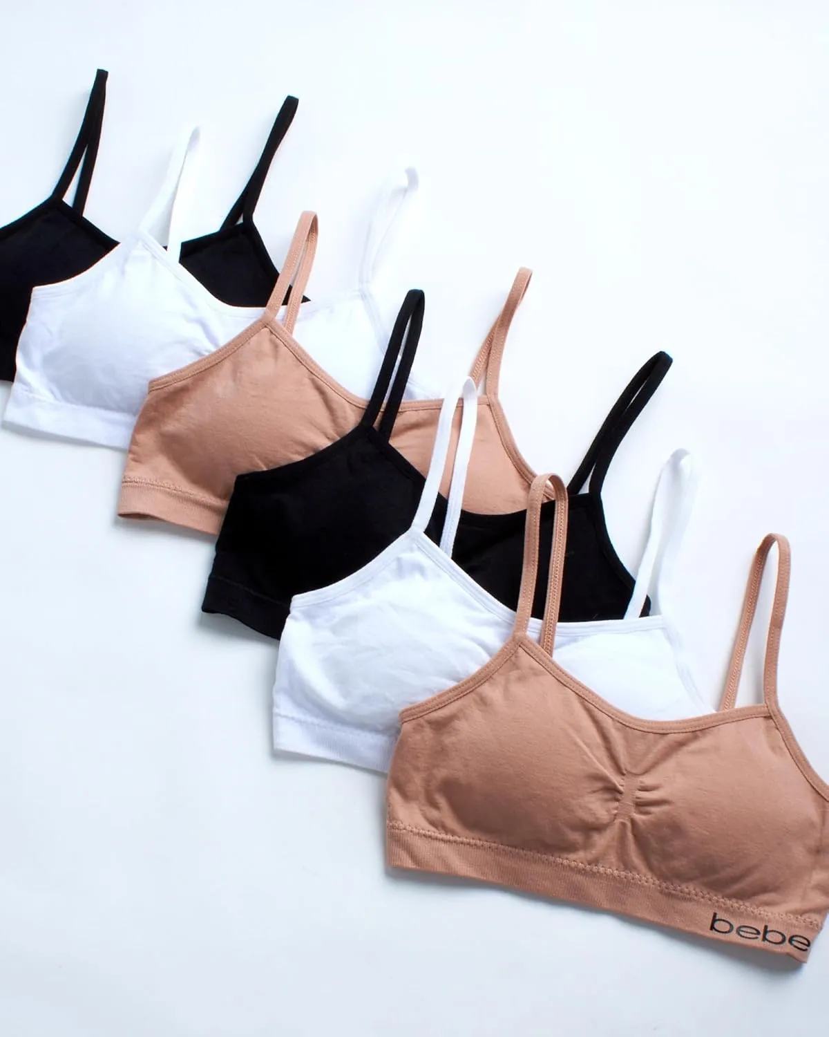 bebe Girls' Training Bra - 6 Pack Seamless Cami Bralette, Removable Pads (S-L)