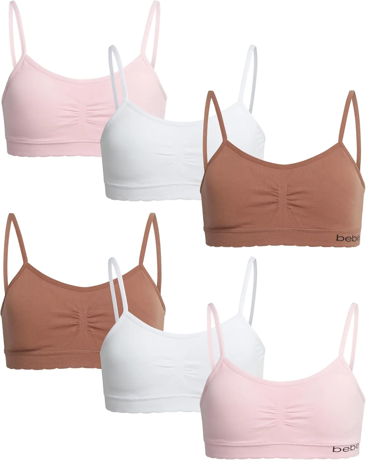 bebe Girls' Training Bra - 6 Pack Seamless Cami Bralette, Removable Pads (S-L)