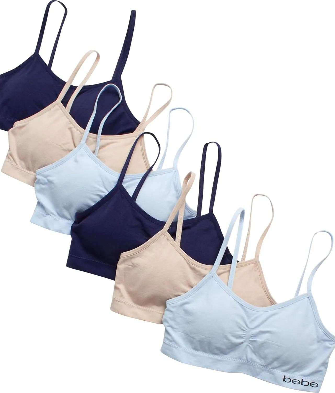 bebe Girls' Training Bra - 6 Pack Seamless Cami Bralette, Removable Pads (S-L)