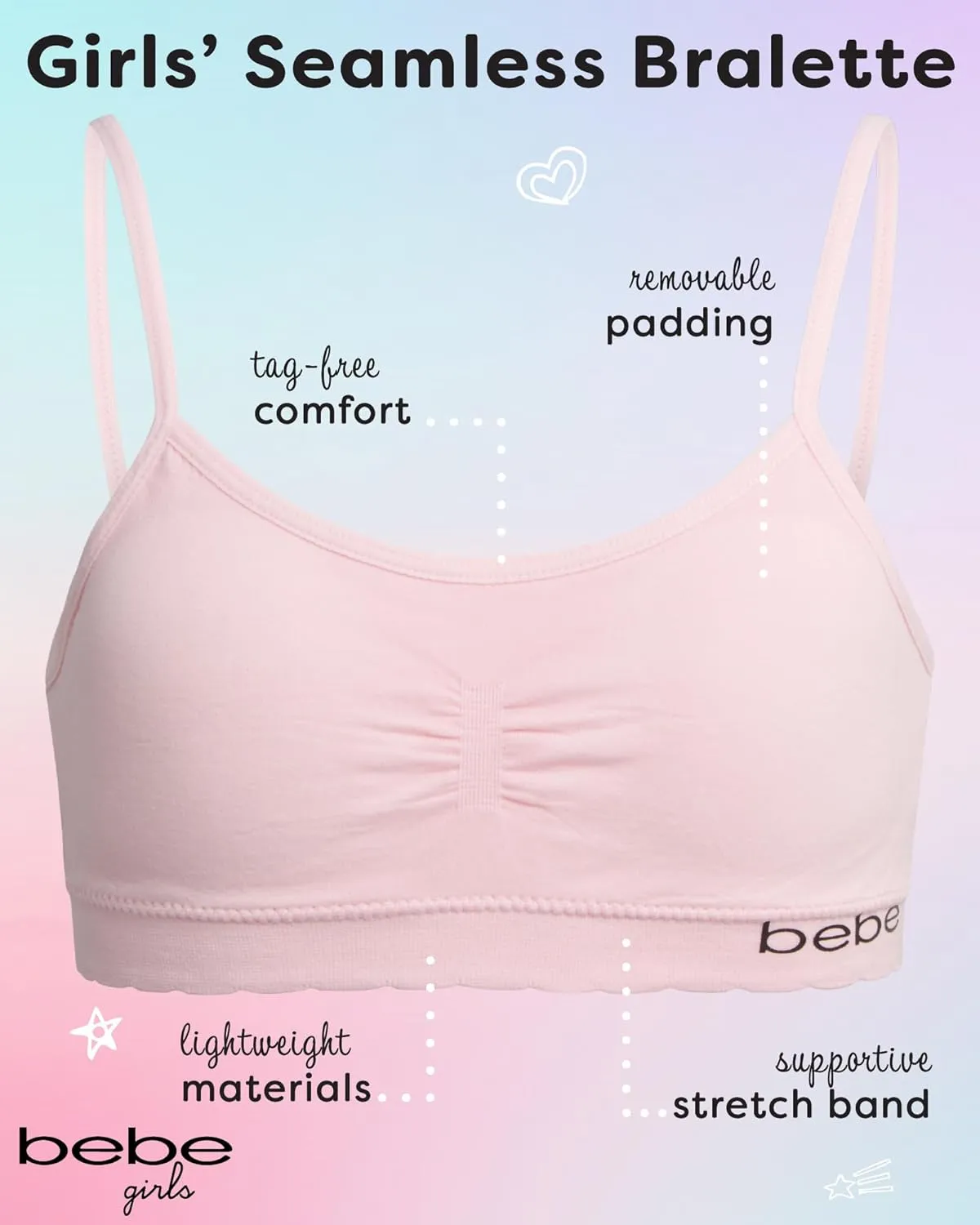 bebe Girls' Training Bra - 6 Pack Seamless Cami Bralette, Removable Pads (S-L)