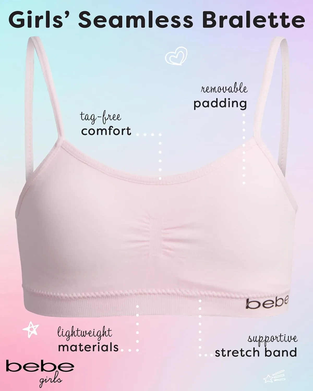 bebe Girls' Training Bra - 6 Pack Seamless Cami Bralette, Removable Pads (S-L)