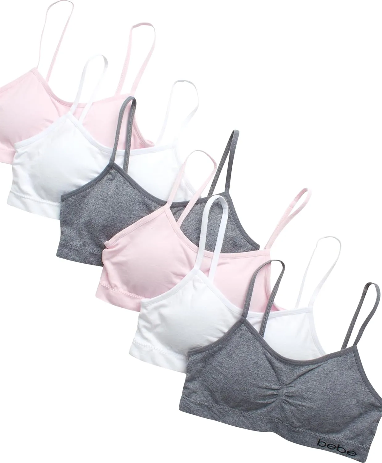 bebe Girls' Training Bra - 6 Pack Seamless Cami Bralette, Removable Pads (S-L)