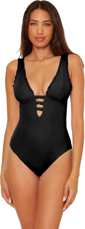 BECCA Women's Frills Plunge One Piece Swimsuit, Adjustable, Bathing Suits