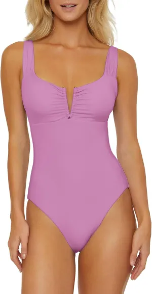 BECCA Women's Standard Color Code V-Wire Shirred One Piece Swimsuit, Plunge Neck, Bathing Suits