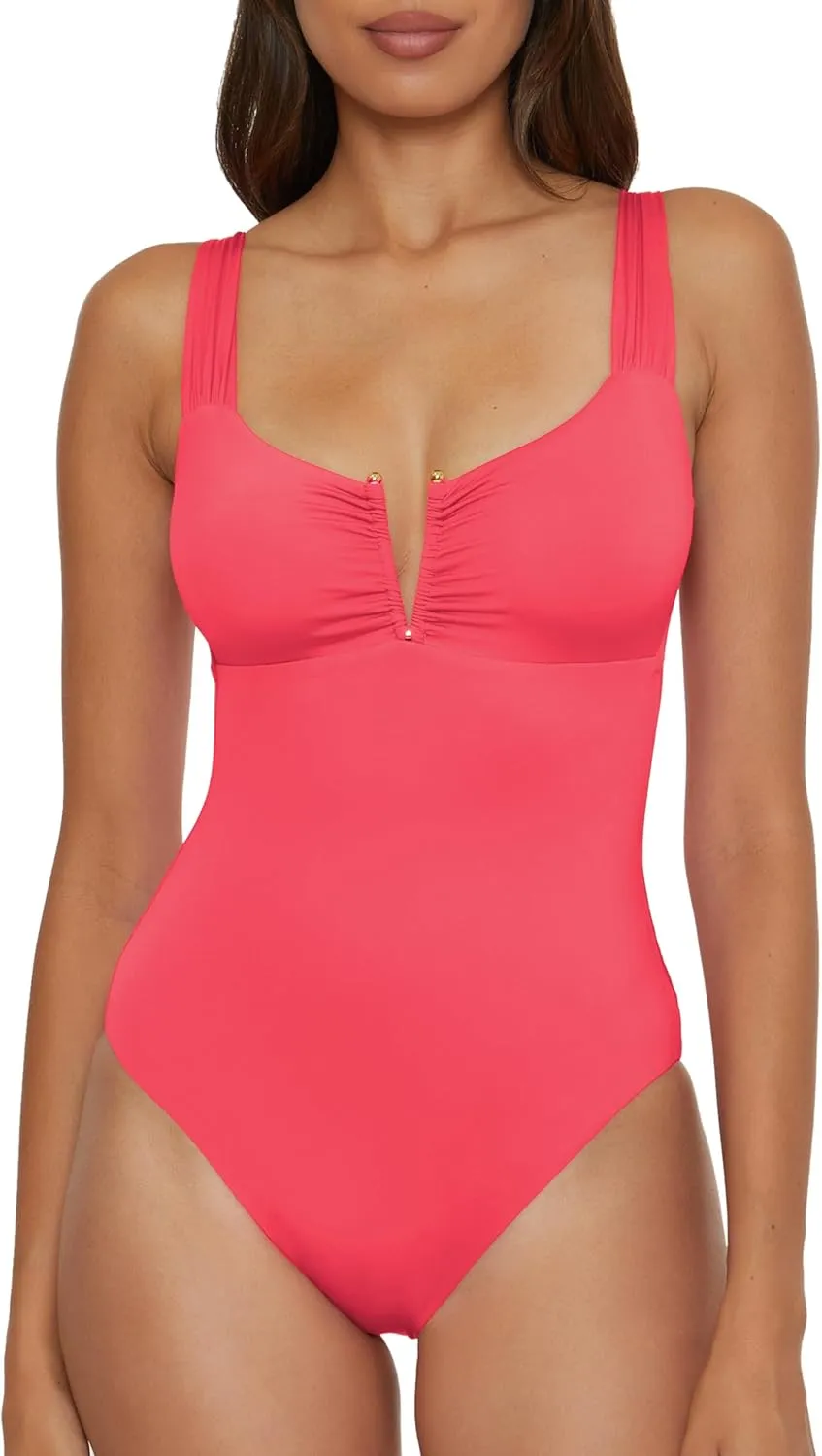 BECCA Women's Standard Color Code V-Wire Shirred One Piece Swimsuit, Plunge Neck, Bathing Suits
