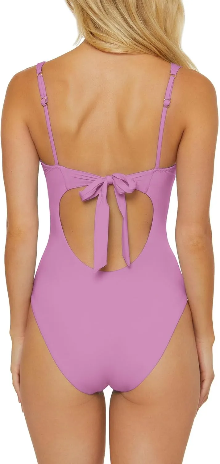 BECCA Women's Standard Color Code V-Wire Shirred One Piece Swimsuit, Plunge Neck, Bathing Suits