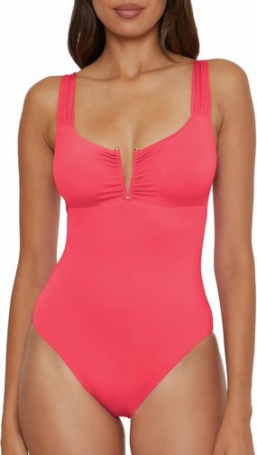 BECCA Women's Standard Color Code V-Wire Shirred One Piece Swimsuit, Plunge Neck, Bathing Suits