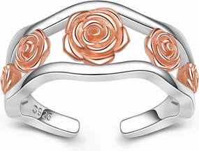 BEILIN Sterling Silver Rose Flower Toe Rings for Women, Adjustable (Size 3-5), Rose Gold, Open Toe Rings, Summer Beach Foot Jewelry
