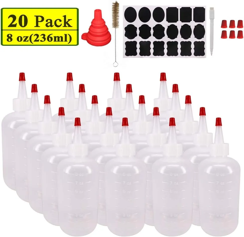 Belinlen 20 Pack 8-Ounce Plastic Squeeze Bottles with 20pcs Red Tip Caps and Measurement - Good for Crafts, Art, Glue, Multi Purpose Set of 20 with extra 6 Red Cap 36 Chalk Labels and 1 Pen