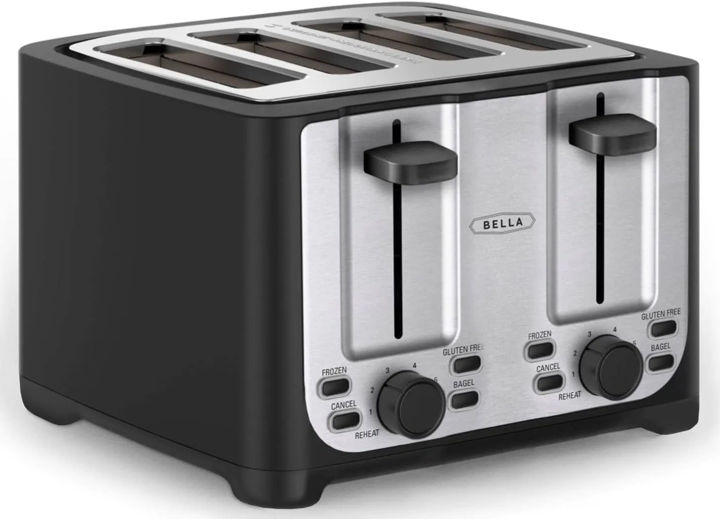 BELLA 4 Slice Toaster with Auto Shut Off - Extra Wide Slots & Removable Crumb Tray and Cancel, Defrost & Reheat Function - Toast Bread & Bagel, Black