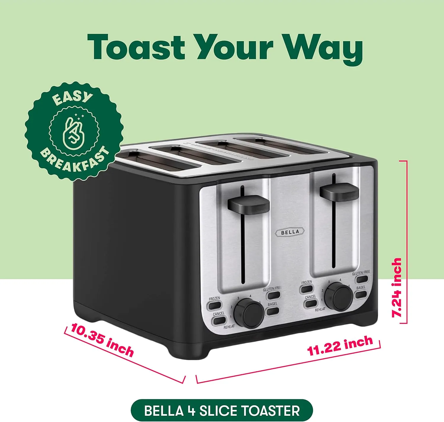 BELLA 4 Slice Toaster with Auto Shut Off - Extra Wide Slots & Removable Crumb Tray and Cancel, Defrost & Reheat Function - Toast Bread & Bagel, Black