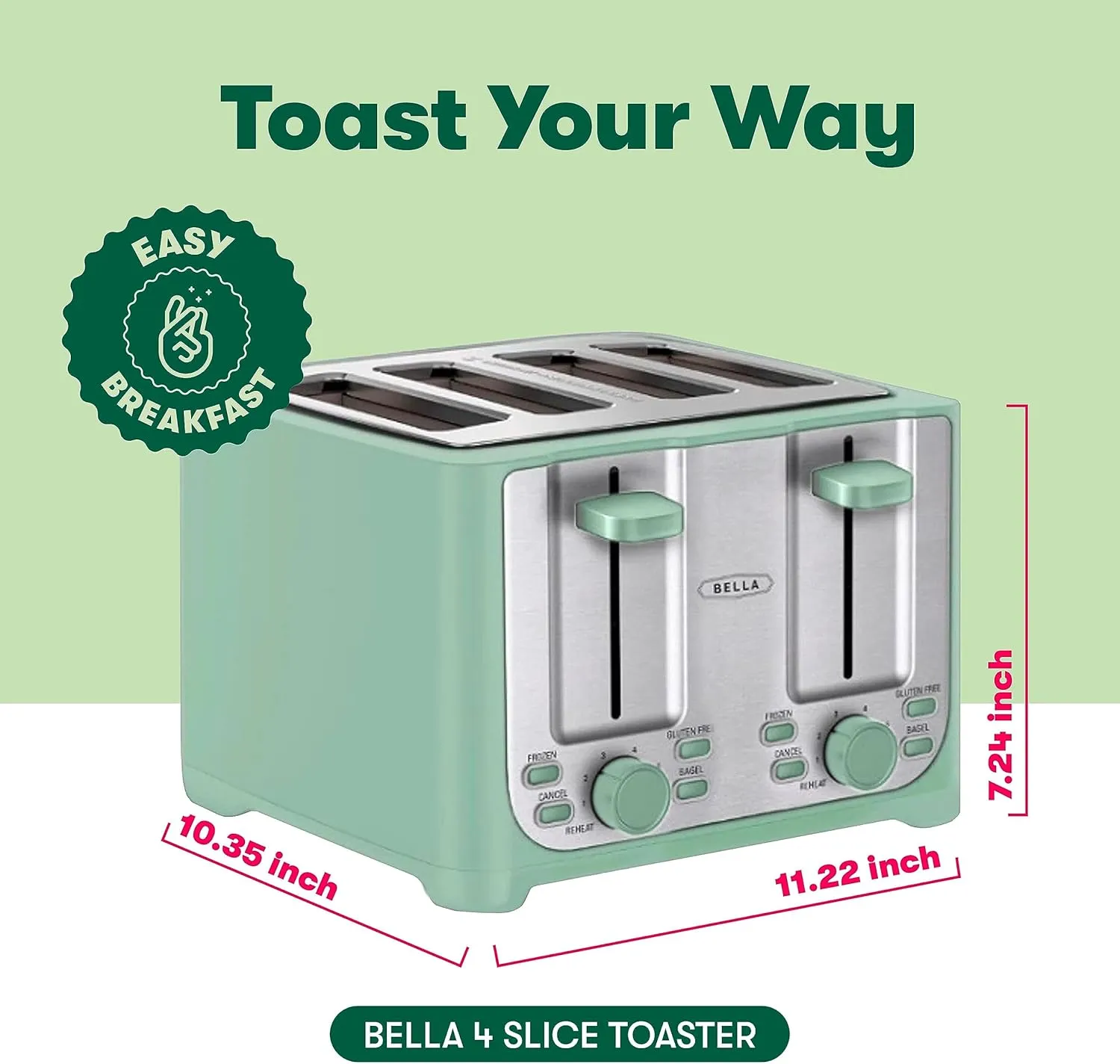 BELLA 4 Slice Toaster with Auto Shut Off - Extra Wide Slots & Removable Crumb Tray and Cancel, Defrost & Reheat Function - Toast Bread & Bagel, Sage