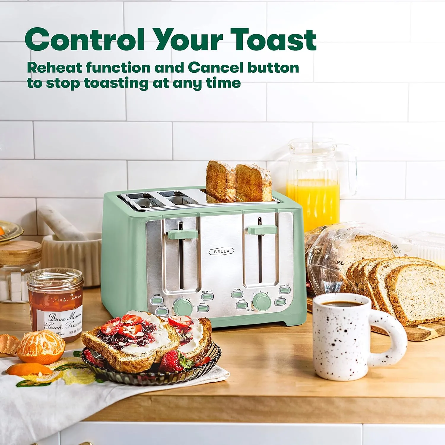 BELLA 4 Slice Toaster with Auto Shut Off - Extra Wide Slots & Removable Crumb Tray and Cancel, Defrost & Reheat Function - Toast Bread & Bagel, Sage