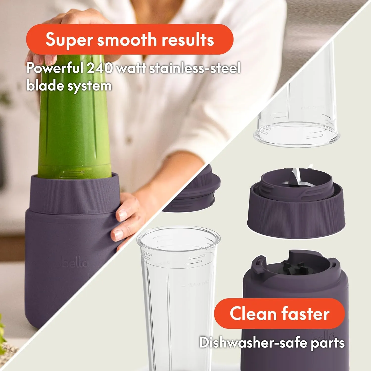 bella 6 Pcs Portable Rocket Blender, Juicer & Smoothie Maker, Press & Twist Design, EverGood™ & BPA Free Dishwasher Safe Parts, 4 Tip Stainless Steel Blade, Cord Wrap, 240 Watt Motor, Plum