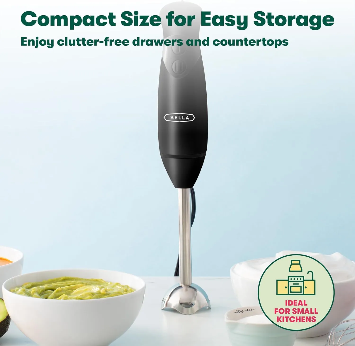 BELLA Immersion Hand Blender, Portable Mixer with Whisk Attachment - Electric Handheld Juicer, Shakes, Baby Food and Smoothie Maker, Stainless Steel, Black