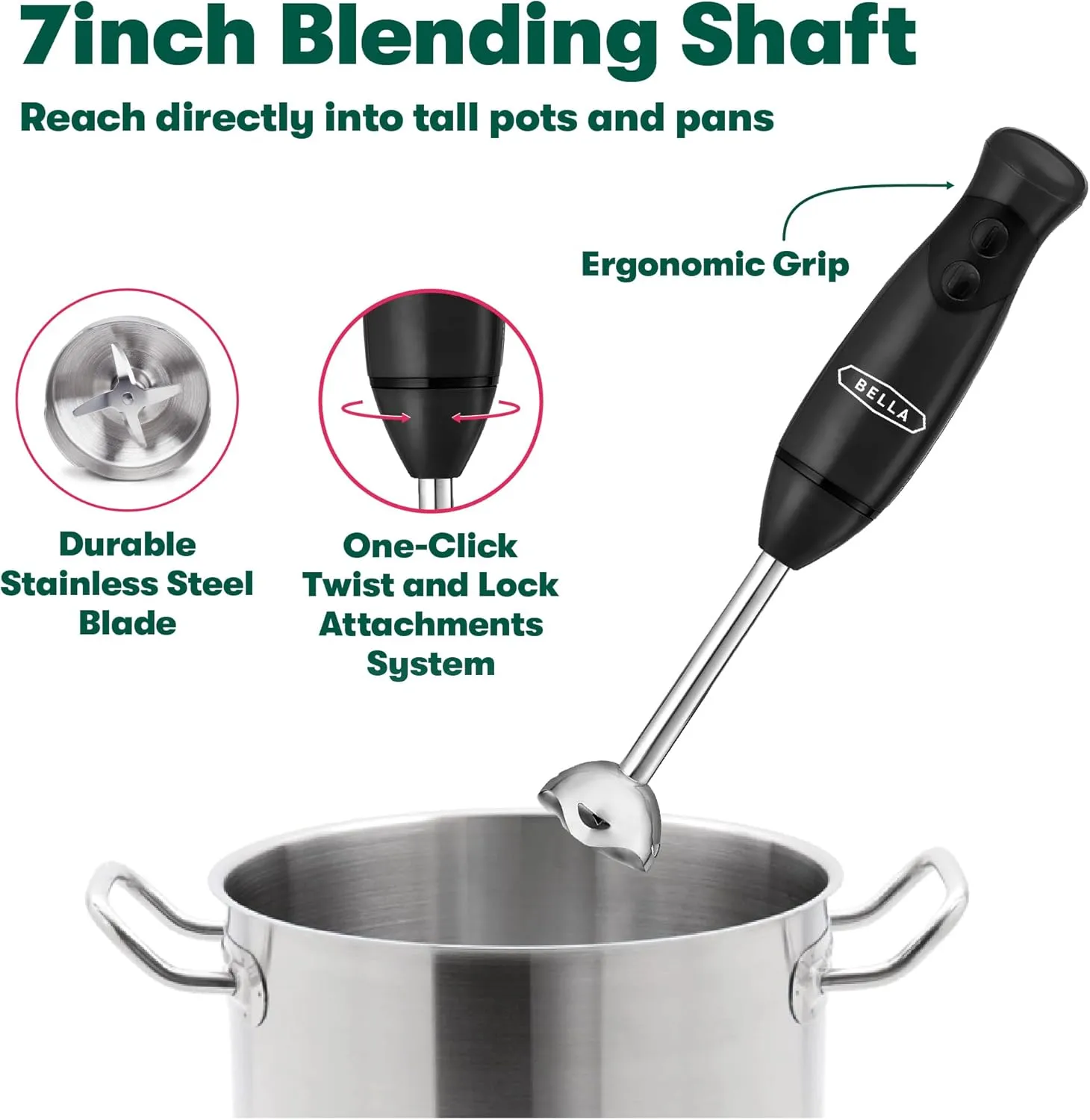 BELLA Immersion Hand Blender, Portable Mixer with Whisk Attachment - Electric Handheld Juicer, Shakes, Baby Food and Smoothie Maker, Stainless Steel, Black