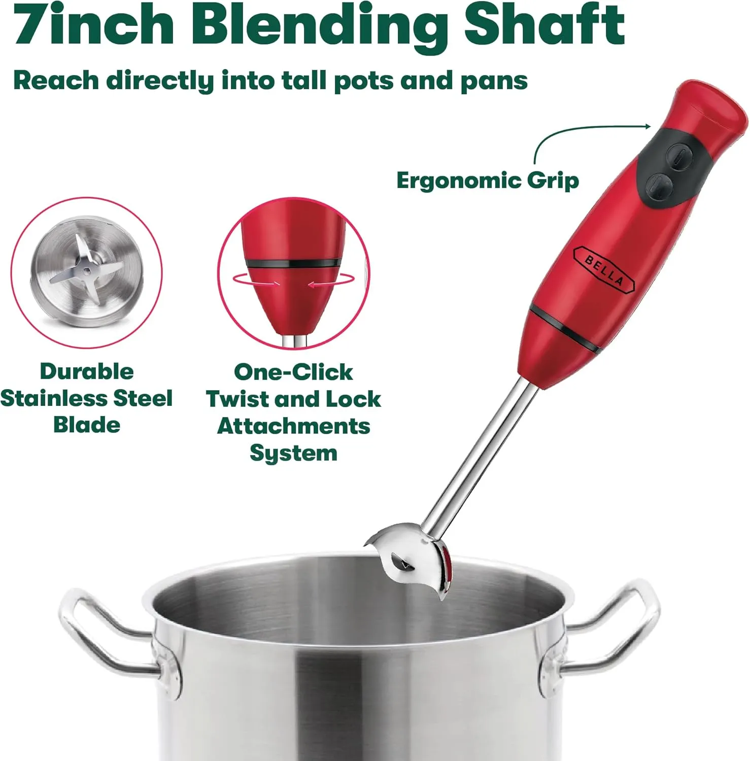 BELLA Immersion Hand Blender, Portable Mixer with Whisk Attachment - Electric Handheld Juicer, Shakes, Baby Food and Smoothie Maker, Stainless Steel, Red