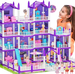 Big Doll House Girl Toys Dream Dollhouse 4-Story 15 Rooms Playhouse with 3 Dolls, Lights, Furniture and Accessories, Pretend Play Toddler Doll Houses for Kids 6 7 8 9 10 11 12  Year Old Gift