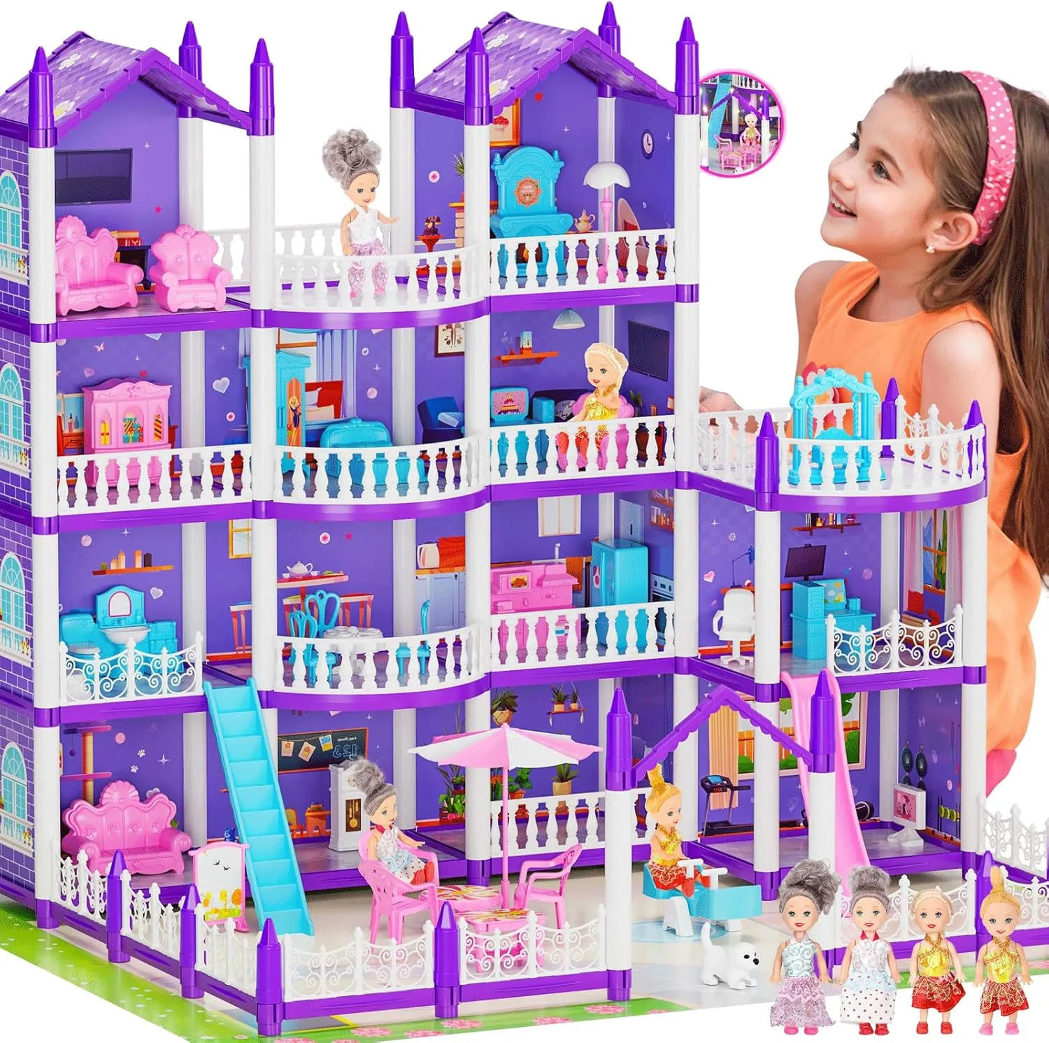 Big Doll House Girl Toys Dream Dollhouse 4-Story 15 Rooms Playhouse with 3 Dolls, Lights, Furniture and Accessories, Pretend Play Toddler Doll Houses for Kids 6 7 8 9 10 11 12  Year Old Gift