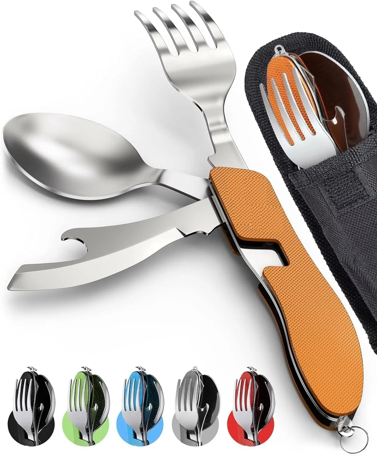 BISONBERG Camping Utensils, Portable Stainless Steel Spoon, Fork, Knife & Bottle Opener Combo Set - Travel, Backpacking Cutlery Multitool, Orange