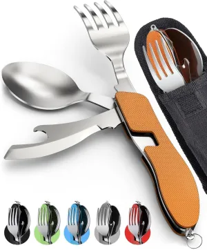 BISONBERG Camping Utensils, Portable Stainless Steel Spoon, Fork, Knife & Bottle Opener Combo Set - Travel, Backpacking Cutlery Multitool, Orange