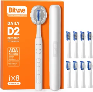 Bitvae Ultrasonic Electric Toothbrush for Adults and Kids, ADA Accepted Travel Toothbrush with Rechargeable 60-Day Battery Life, 5 Modes, 8 Heads, Case, Holder, Frost White