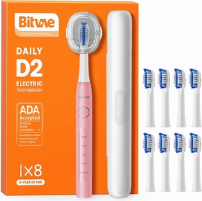 Bitvae Ultrasonic Electric Toothbrush for Adults and Kids, ADA Accepted Travel Electric Toothbrush with Rechargeable 60-Day Battery Life, 8 Heads, 5 Modes, Case/Holder, Quartz Pink