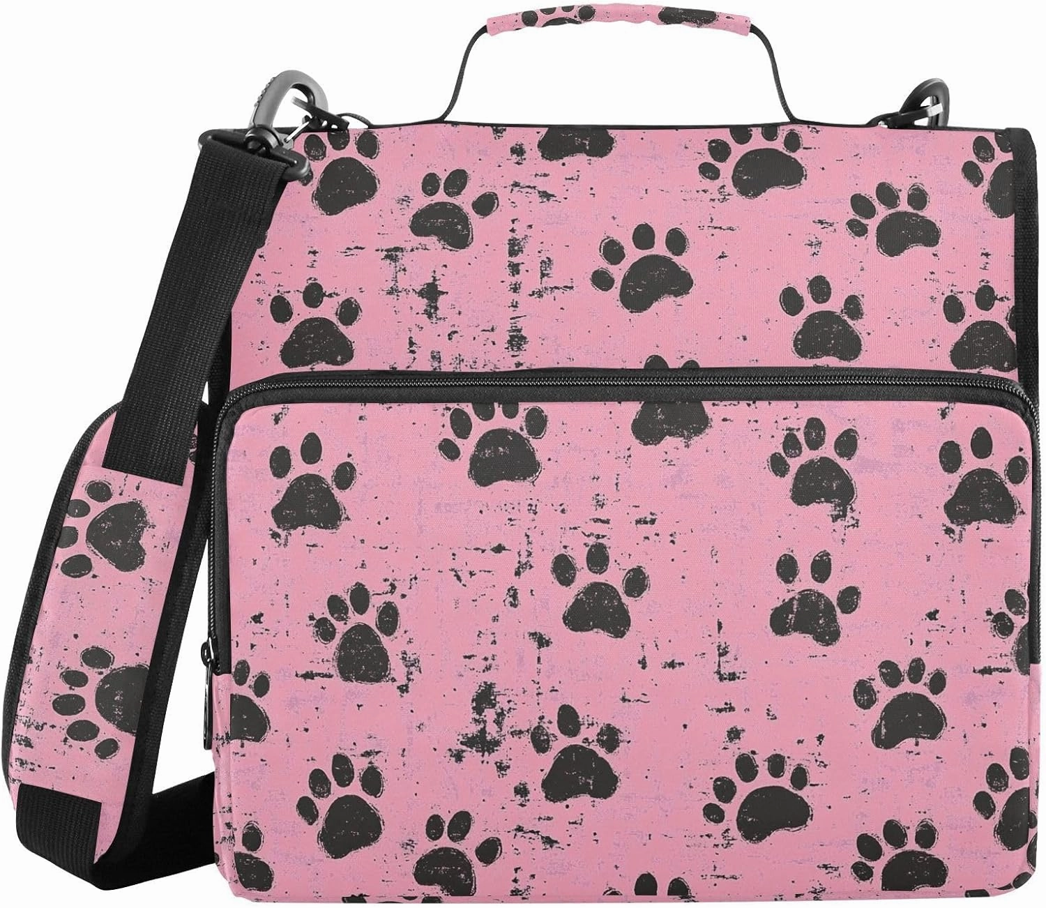Black Paw Prints Doodle Zipper Binder with Shoulder Strap Trapper Keeper 3 Ring Binder Organizer Large Capacity Multiple Compartments for School Office