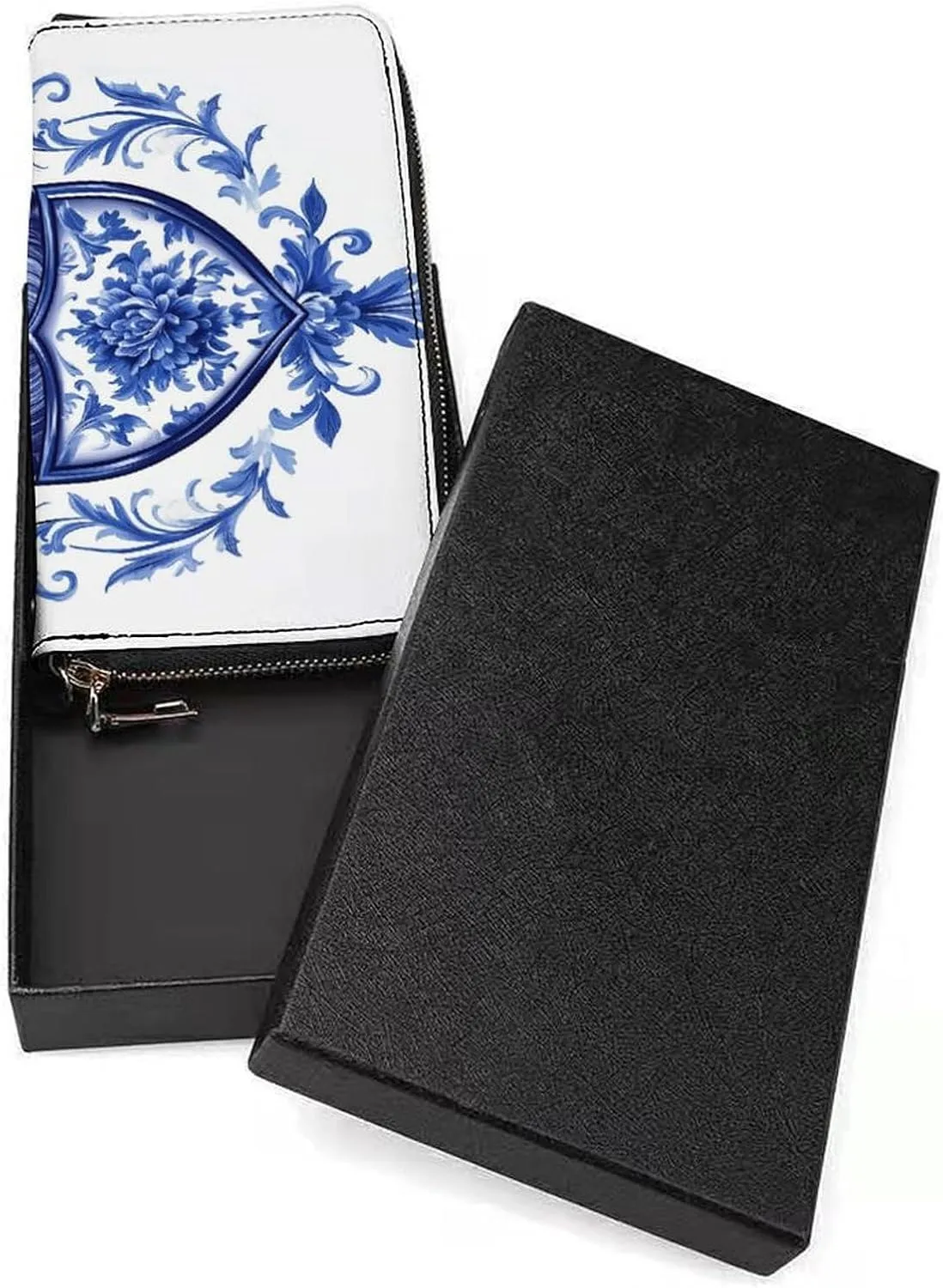 Blue Chinoiserie Florals Lion Shield PU Leather Clutch Long Bifold Wallet, Coin Purse Credit Pass Case, Durable Card-Holder Money Storage for Women Men
