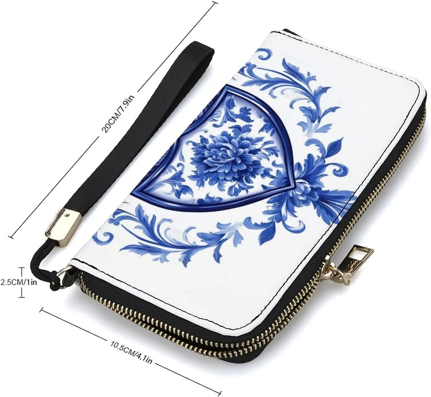 Blue Chinoiserie Florals Lion Shield PU Leather Clutch Long Bifold Wallet, Coin Purse Credit Pass Case, Durable Card-Holder Money Storage for Women Men