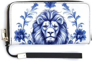 Blue Chinoiserie Florals Lion Shield PU Leather Clutch Long Bifold Wallet, Coin Purse Credit Pass Case, Durable Card-Holder Money Storage for Women Men
