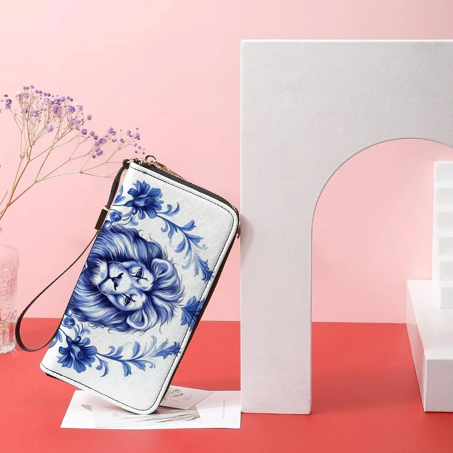 Blue Chinoiserie Florals Lion Shield PU Leather Clutch Long Bifold Wallet, Coin Purse Credit Pass Case, Durable Card-Holder Money Storage for Women Men
